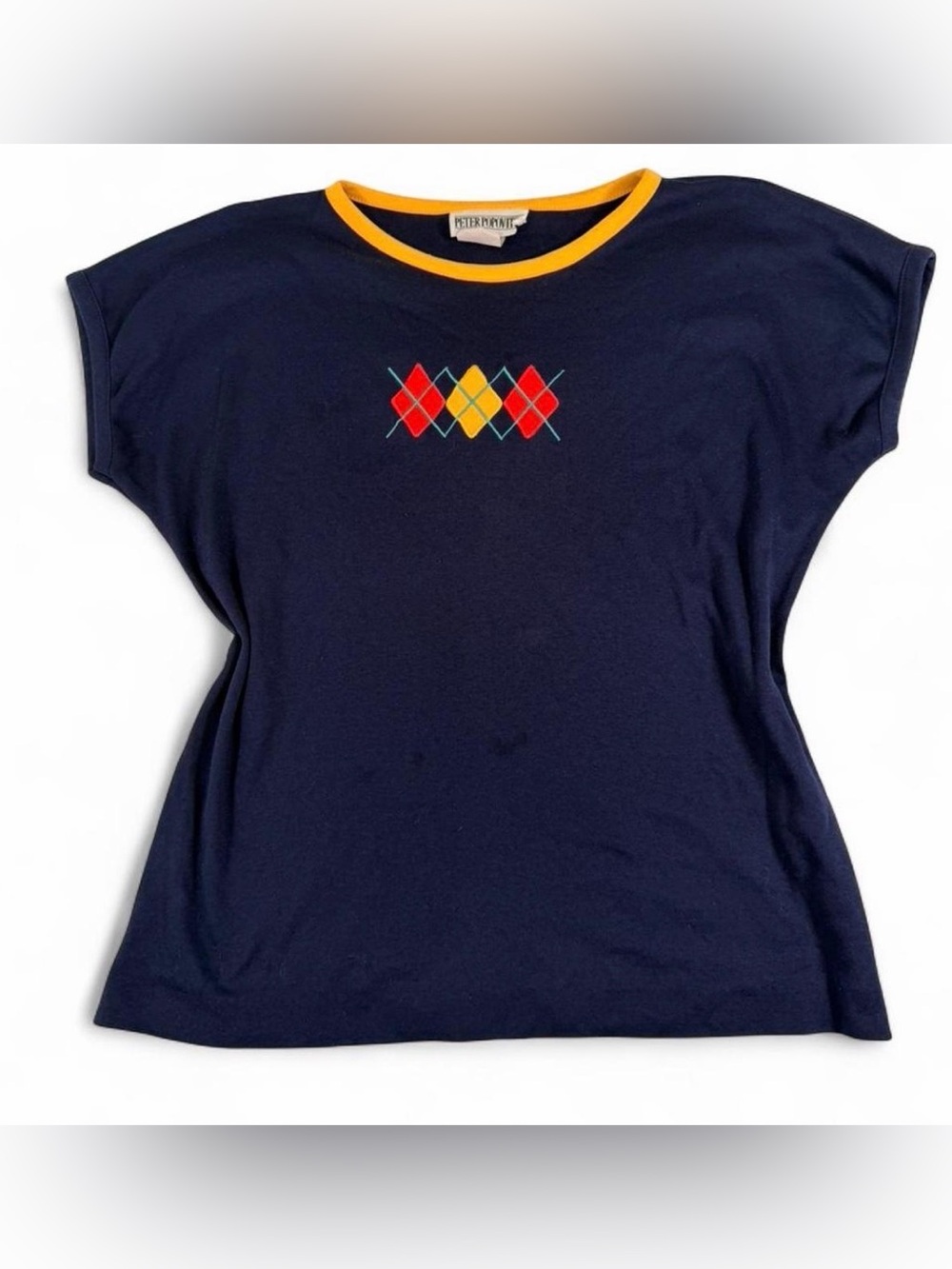 Navy Short Sleeve Tee with Yellow Trim and Argyle Detail